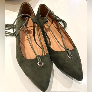 🫒Olive green velvet pointy flats lace up 10